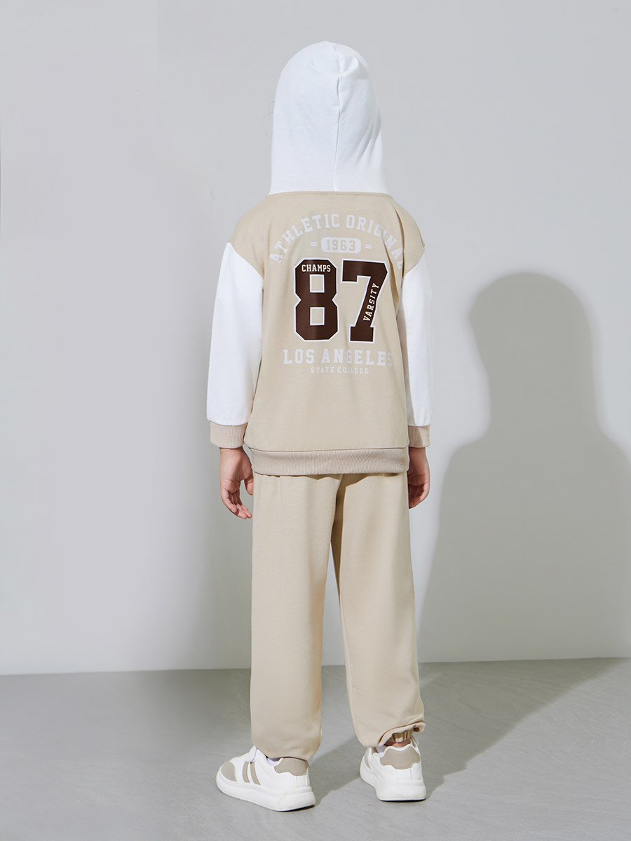 Boys Beige Printed Oversized Hooded Jacket and Joggers Set