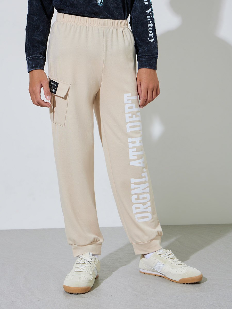 Teen Boys Beige Slogan Print Pocket Detail Joggers