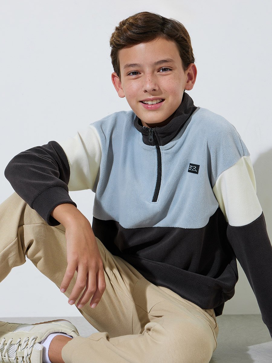 Boys Color Block High Neck Half Zipper Sweater