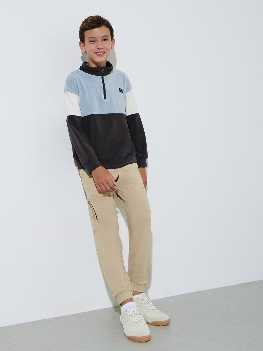Boys Color Block High Neck Half Zipper Sweater