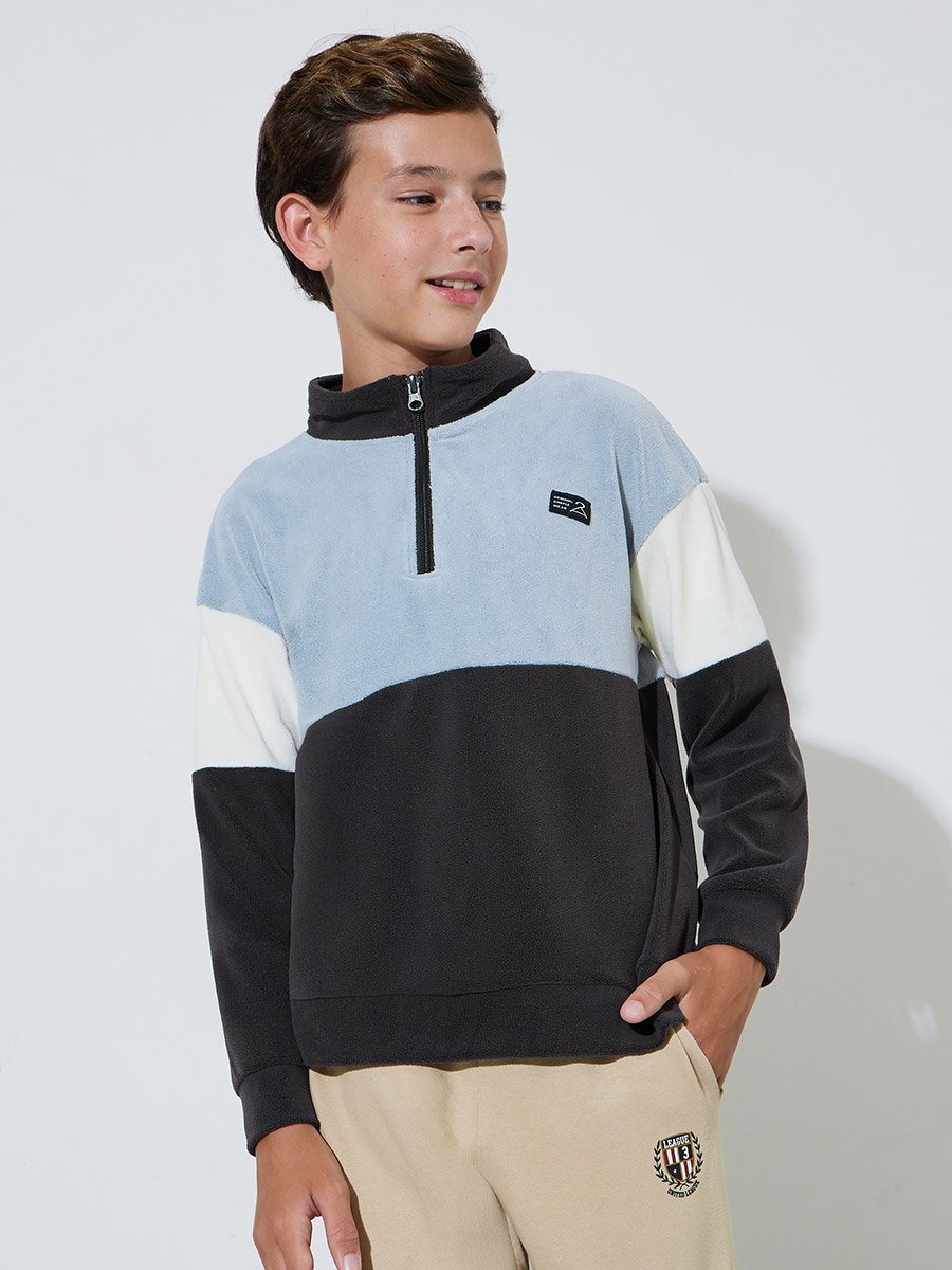 Boys Color Block High Neck Half Zipper Sweater