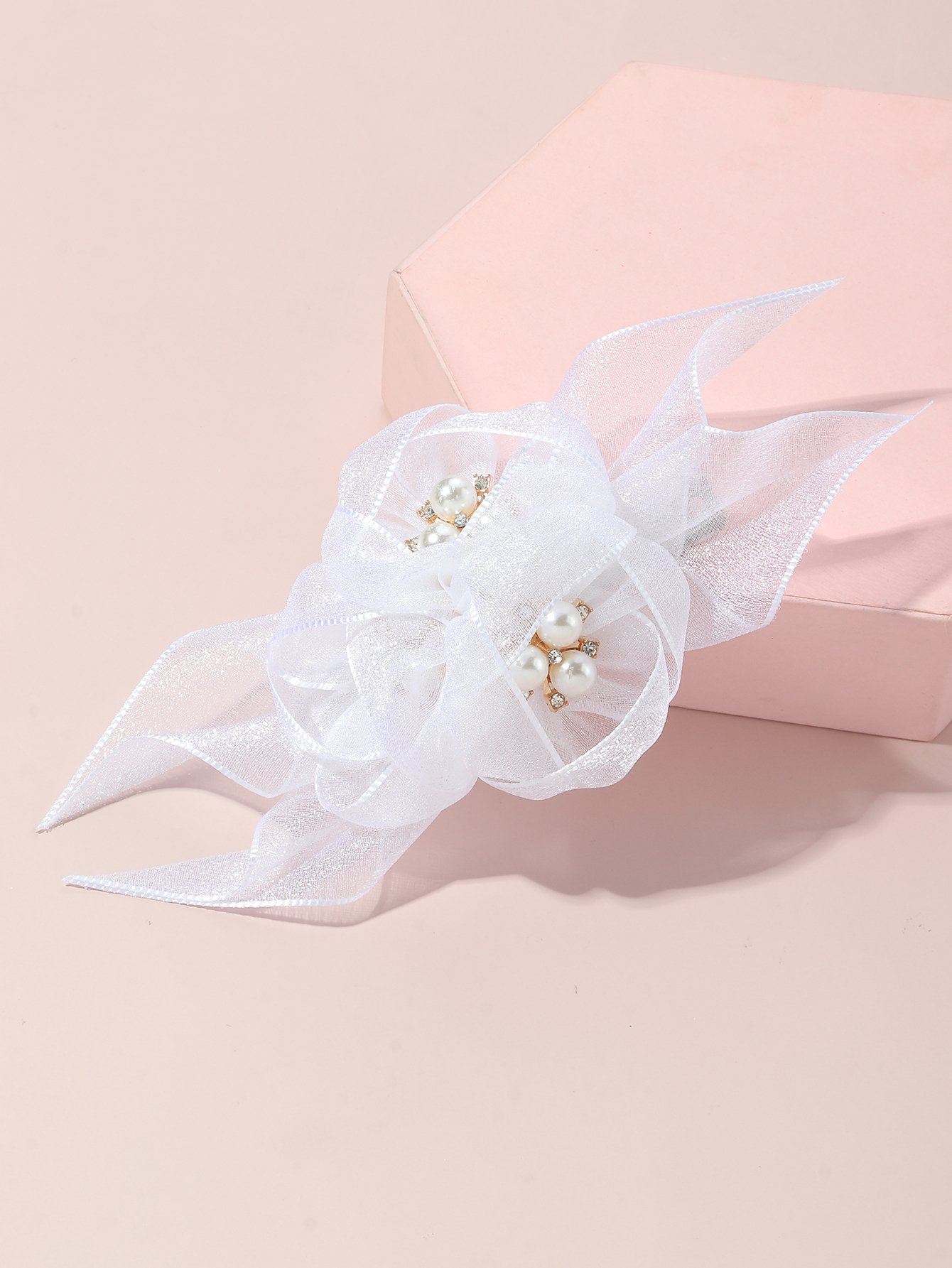 Girls White Pearls and Rhinestone Embellished Bow Hair Clip