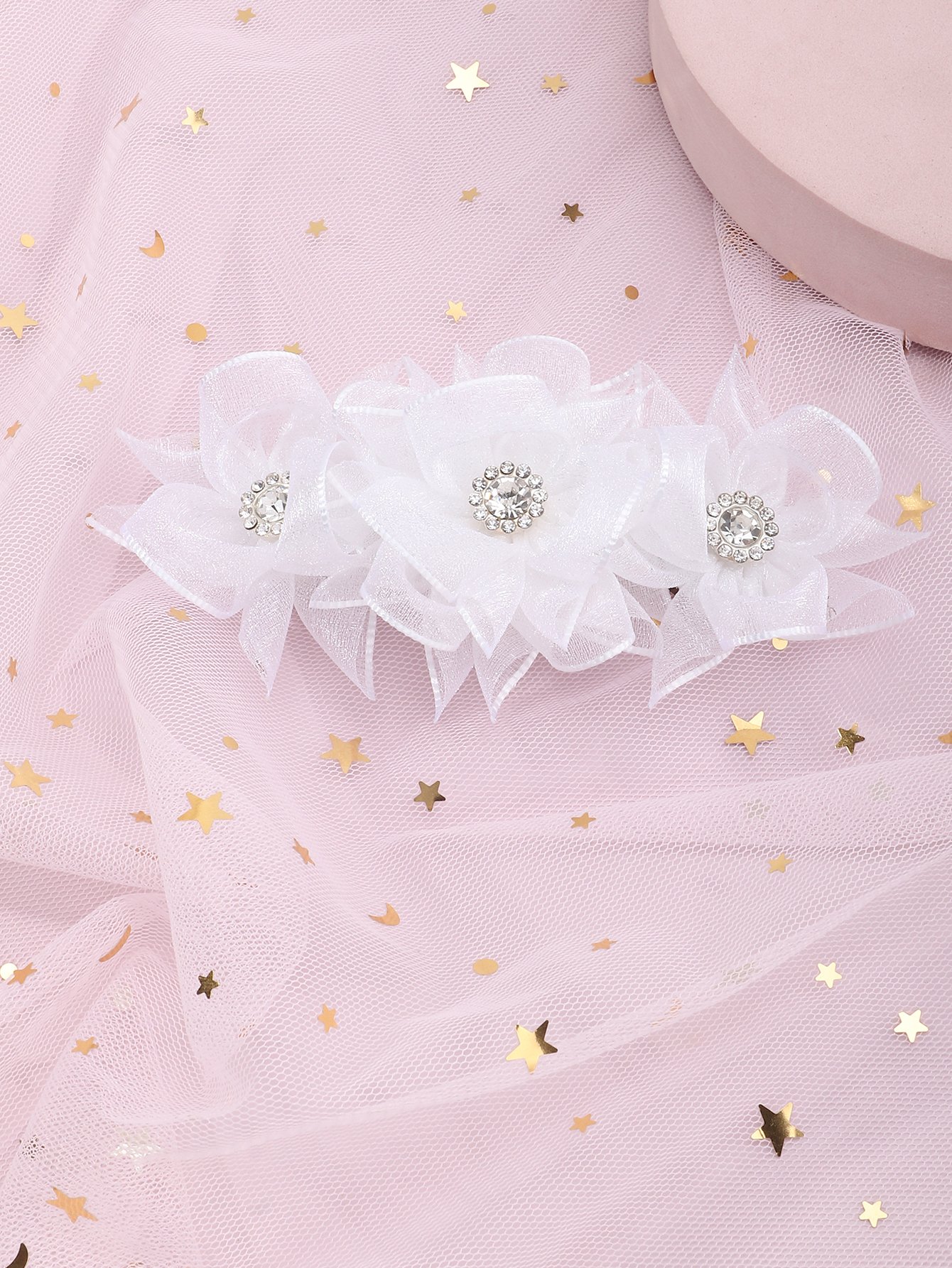 Girls White Rhinestones Embellished Floral Hair Clip