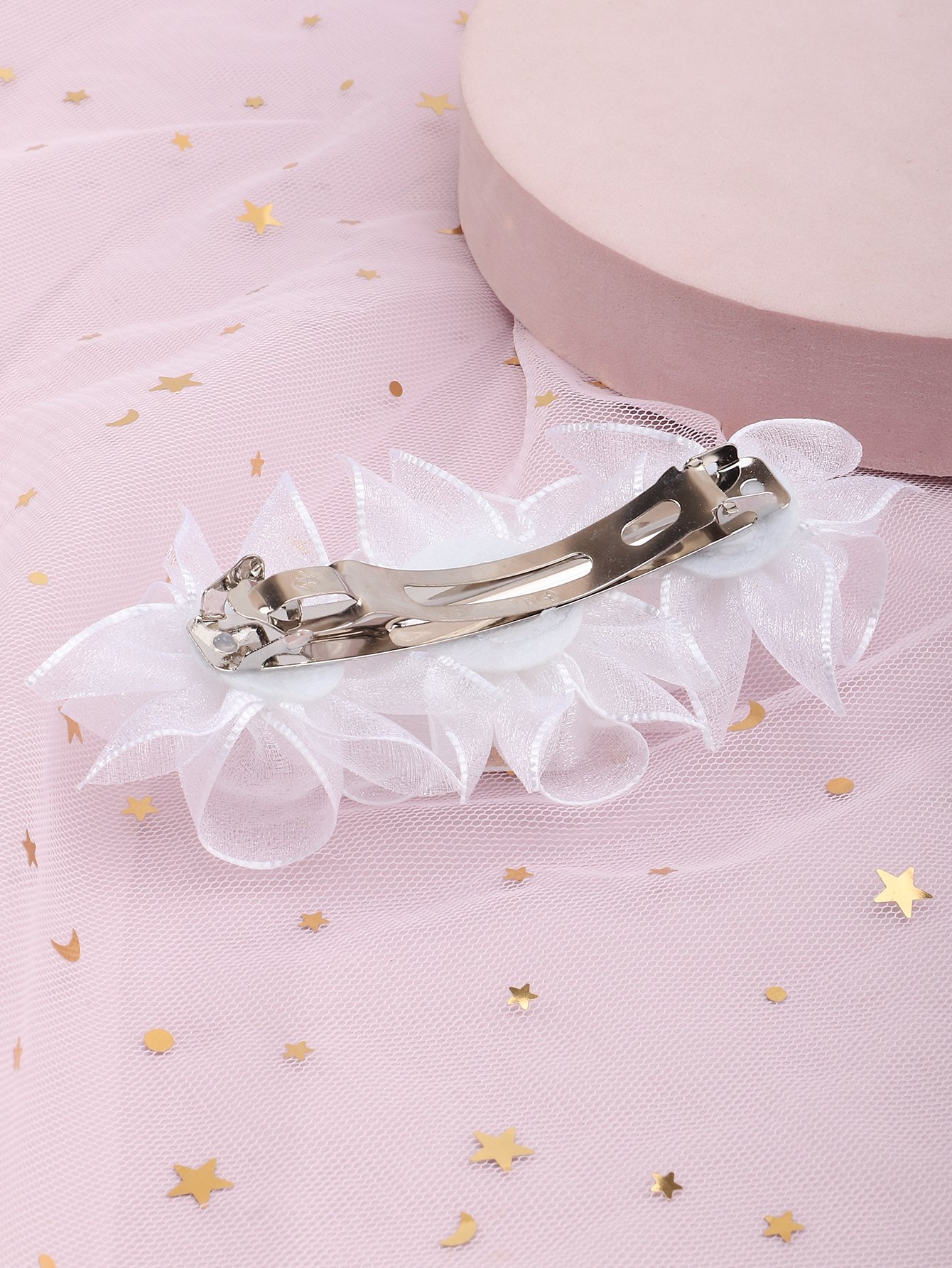 Girls White Rhinestones Embellished Floral Hair Clip