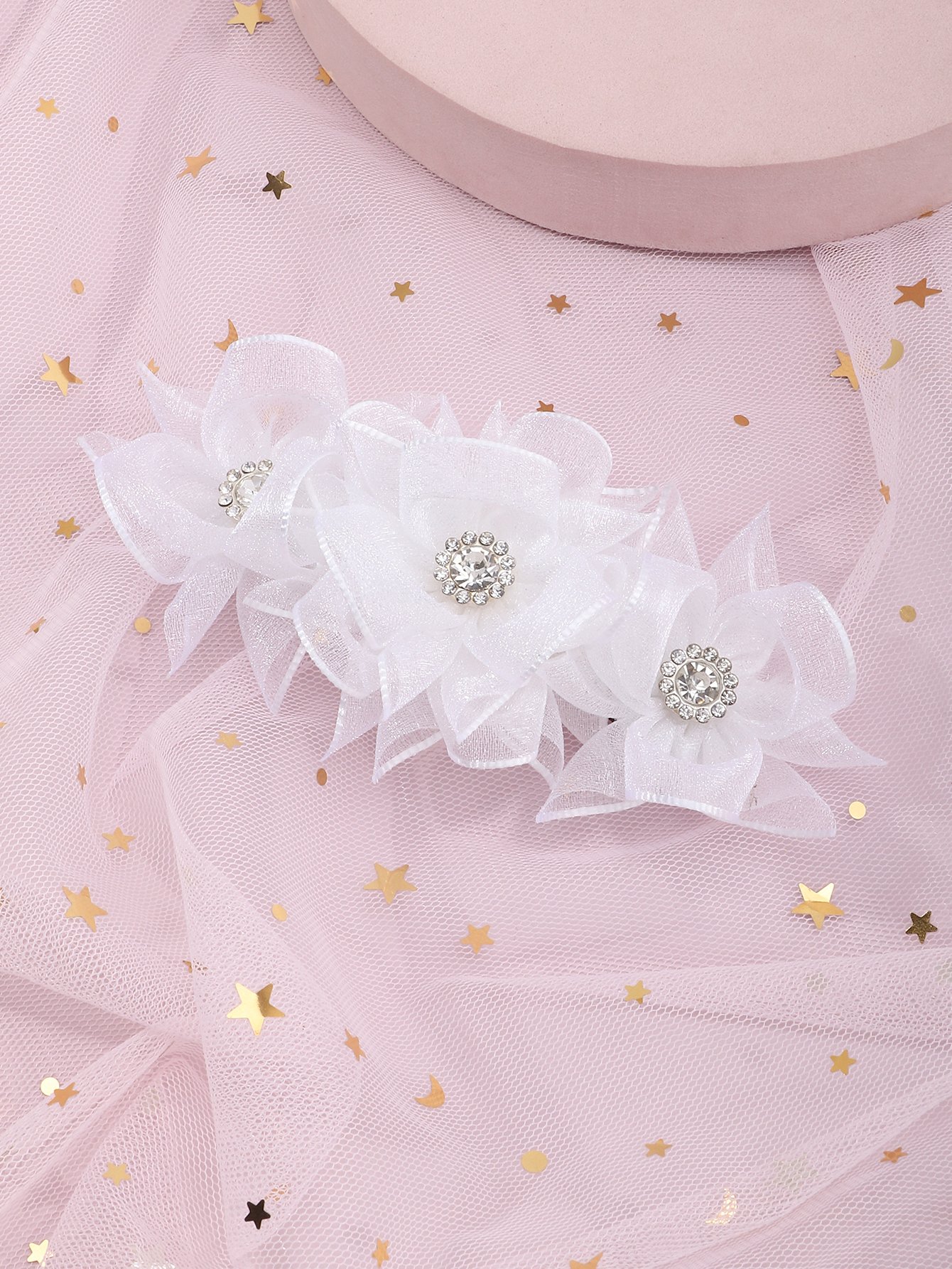Girls White Rhinestones Embellished Floral Hair Clip