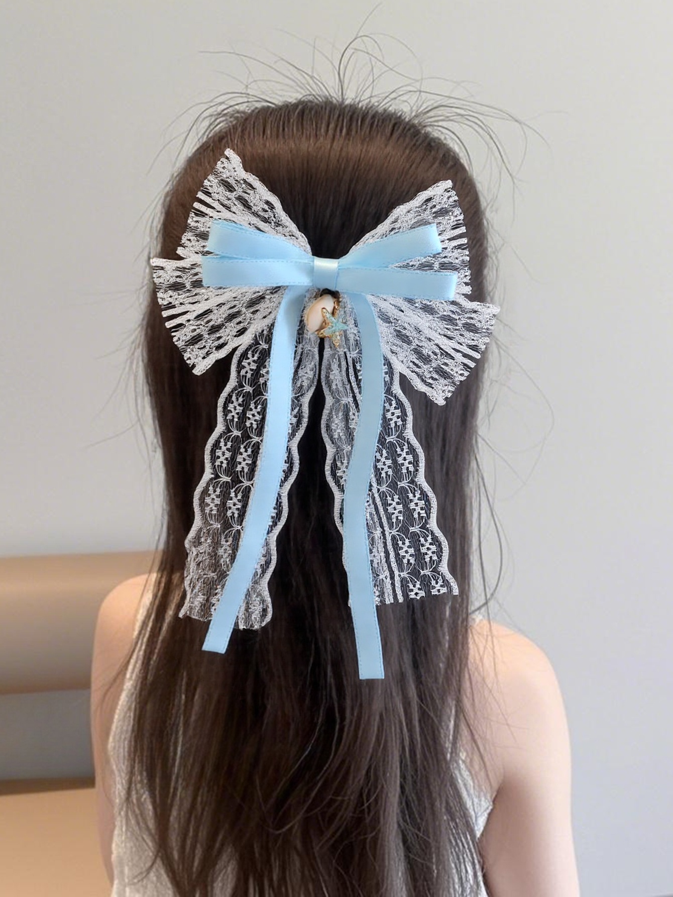 Girls Blue Seashell and Star Charm Bow Hair Clip