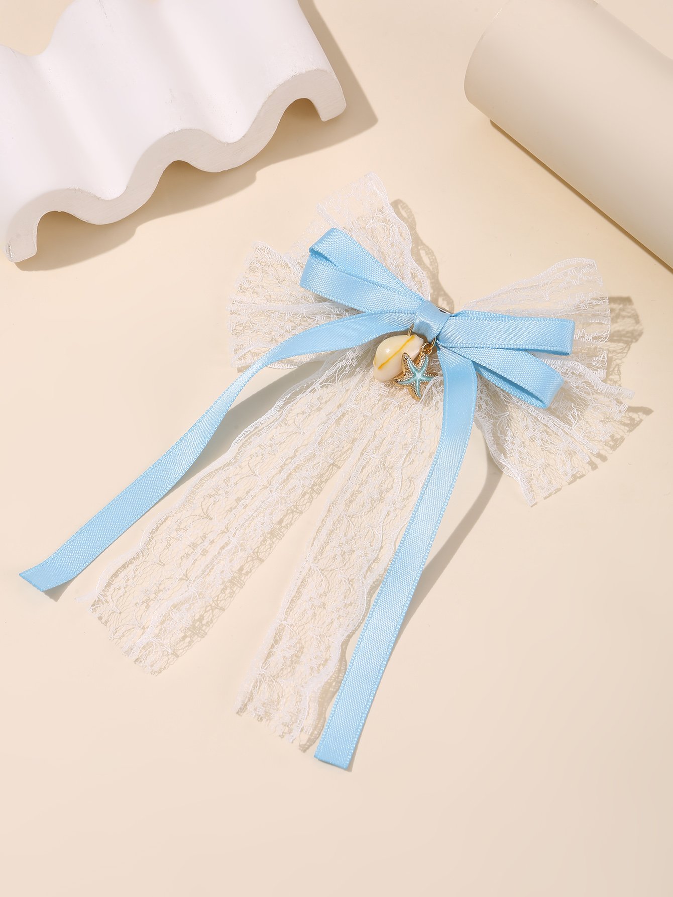 Girls Blue Seashell and Star Charm Bow Hair Clip