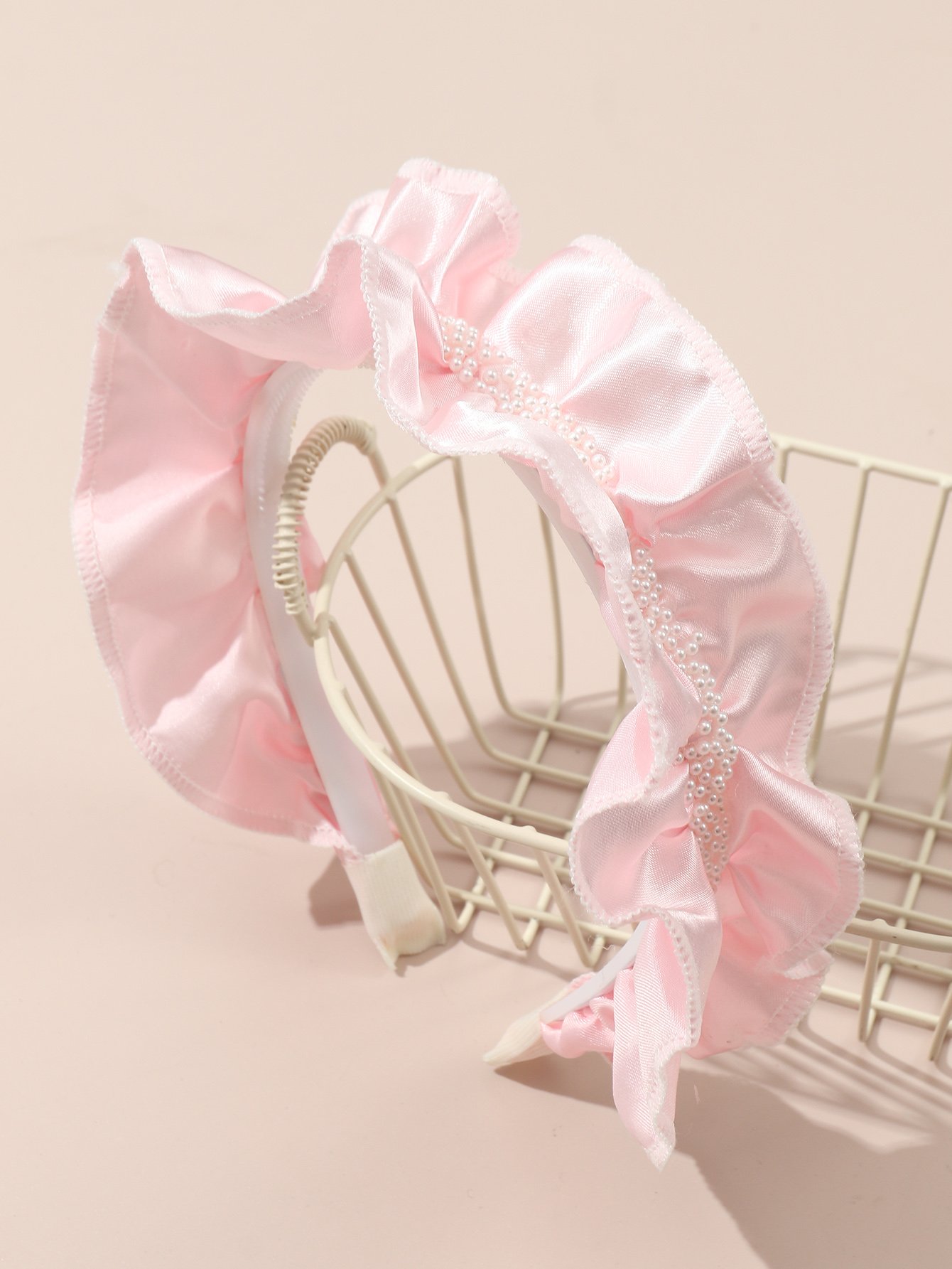 Girls Pink Beads Embellished Ruffled Headband