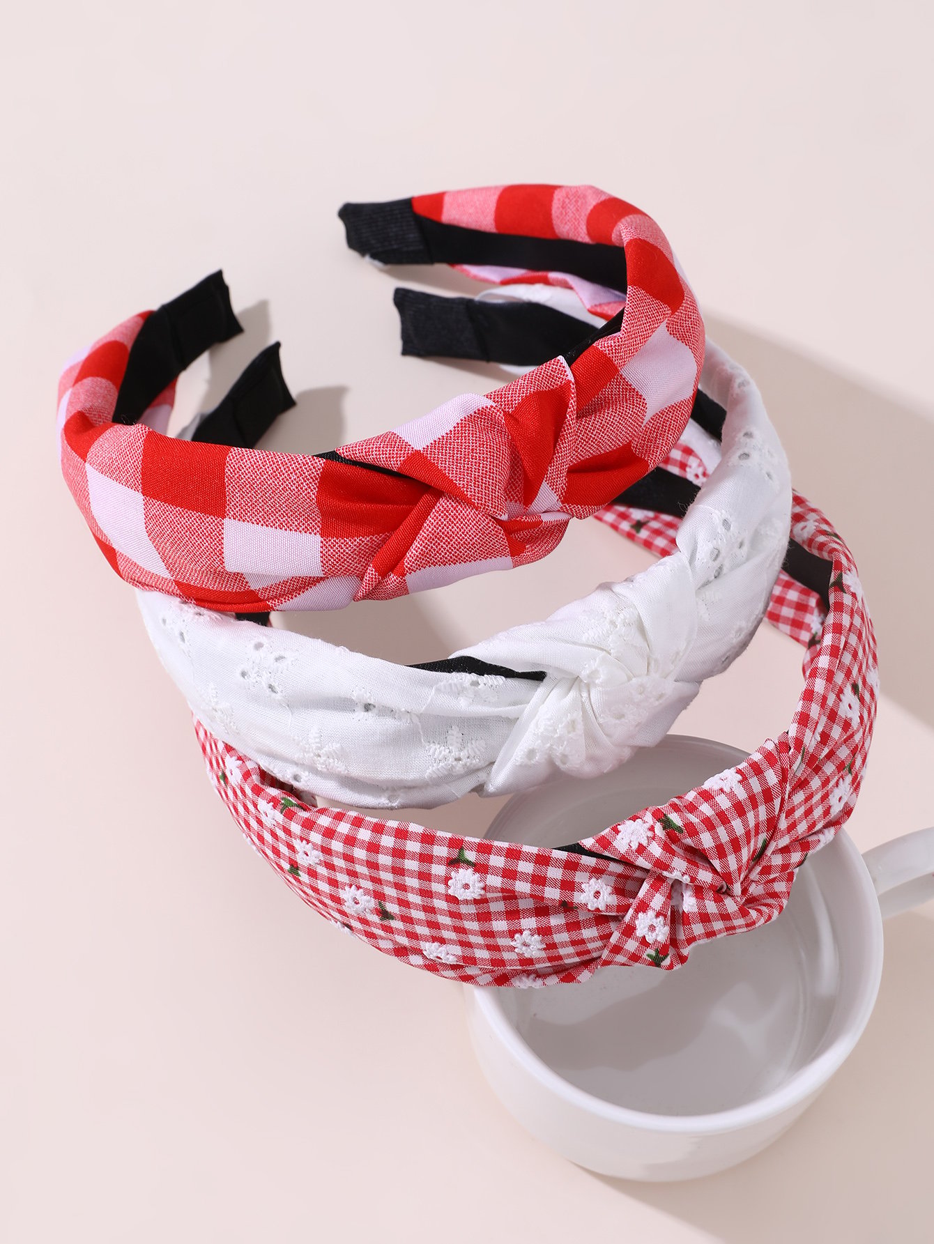 Pack of 3 - Girls Gingham and Embroidered Headbands