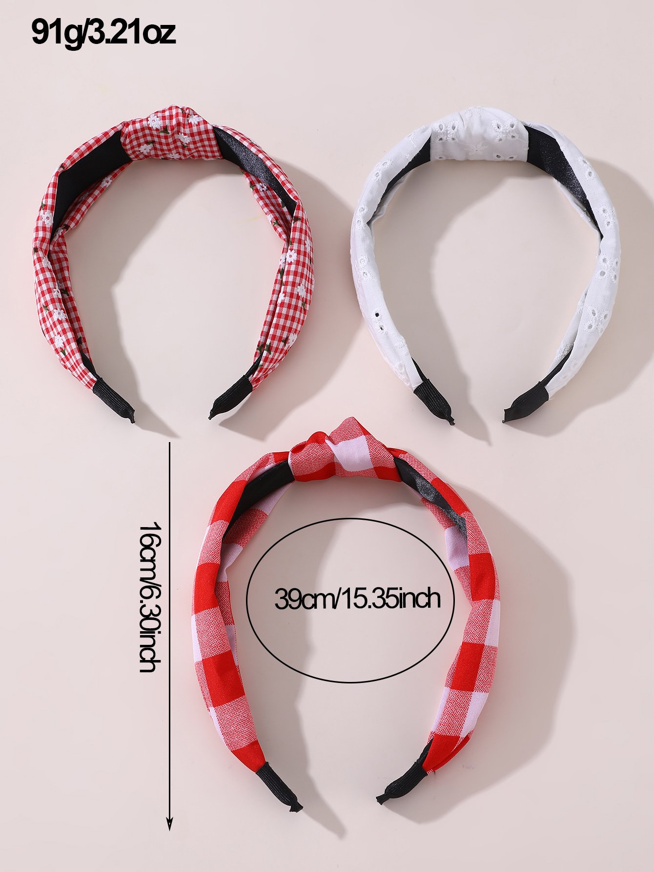 Pack of 3 - Girls Gingham and Embroidered Headbands