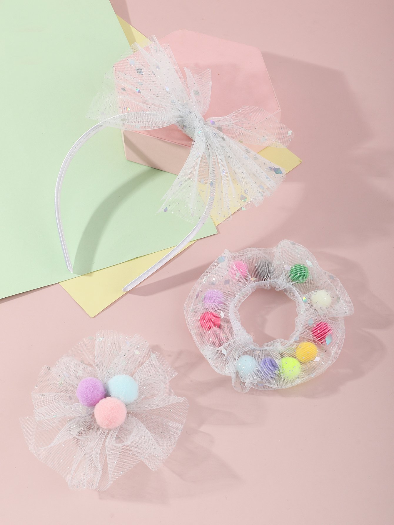 3-Piece Mesh Pompom Trim Hair Accessory Set