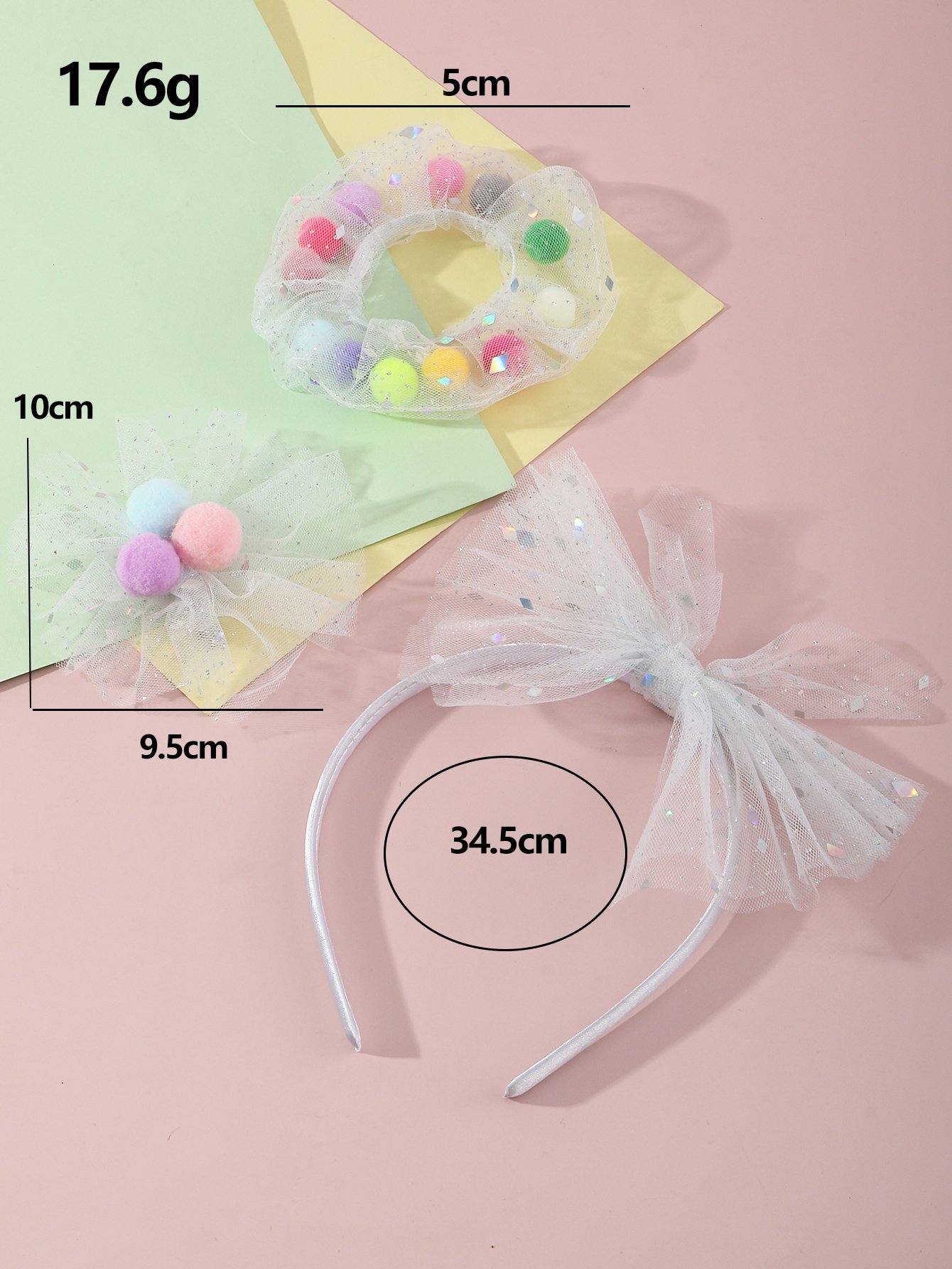 3-Piece Mesh Pompom Trim Hair Accessory Set