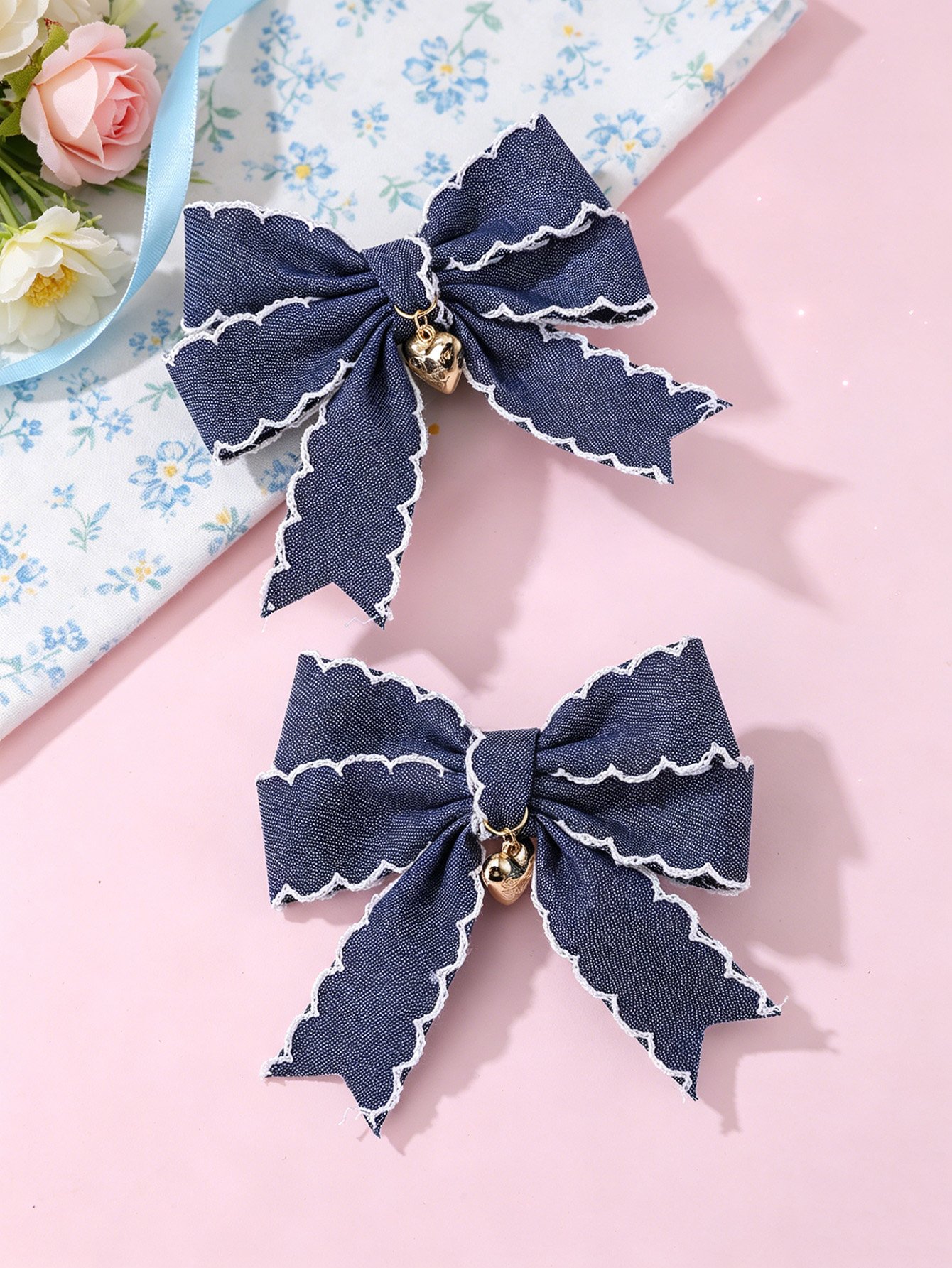 Set of 2 - Heart Decor Bow Hair Clips