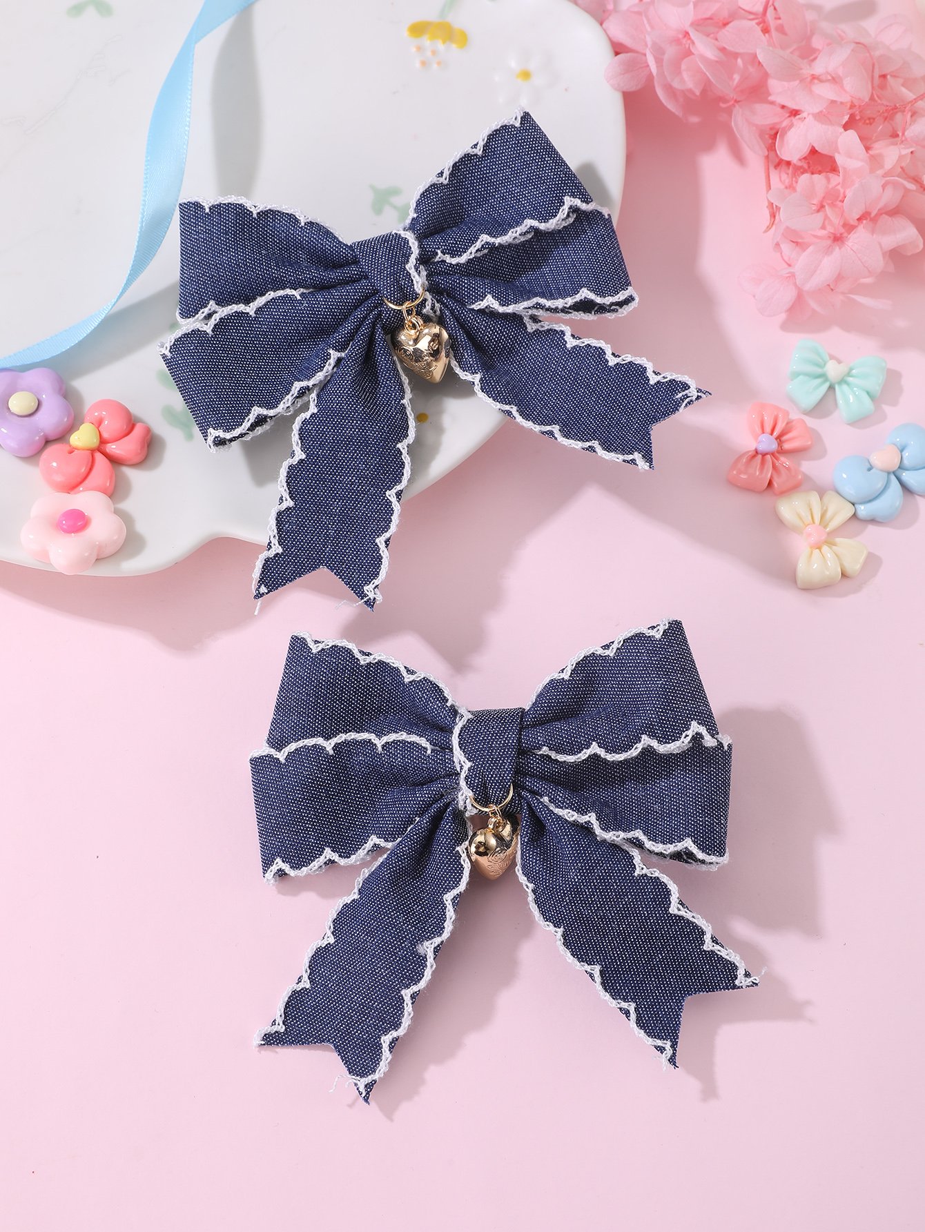 Set of 2 - Heart Decor Bow Hair Clips