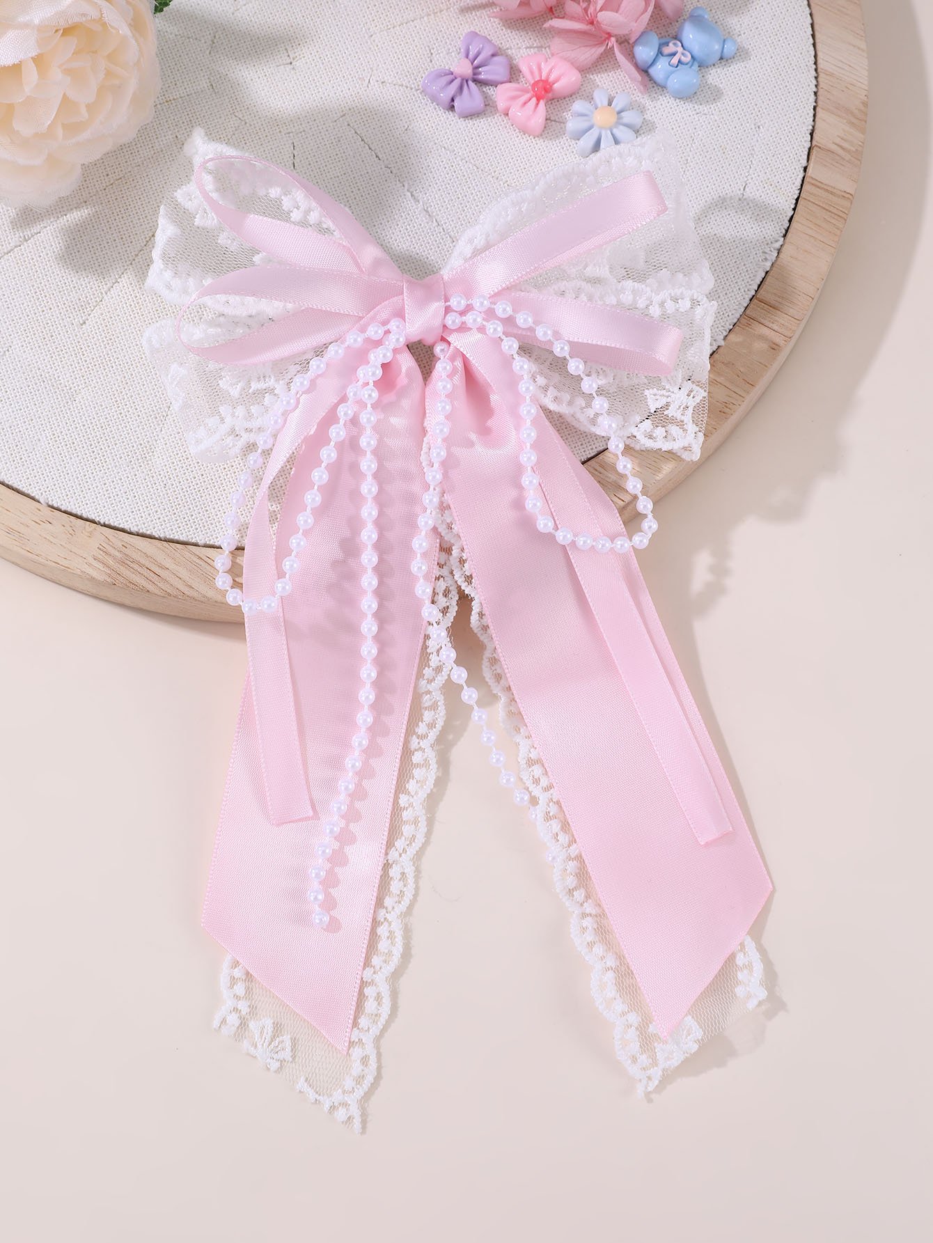 Girls Pink beads Embellished Bow Hair Clip