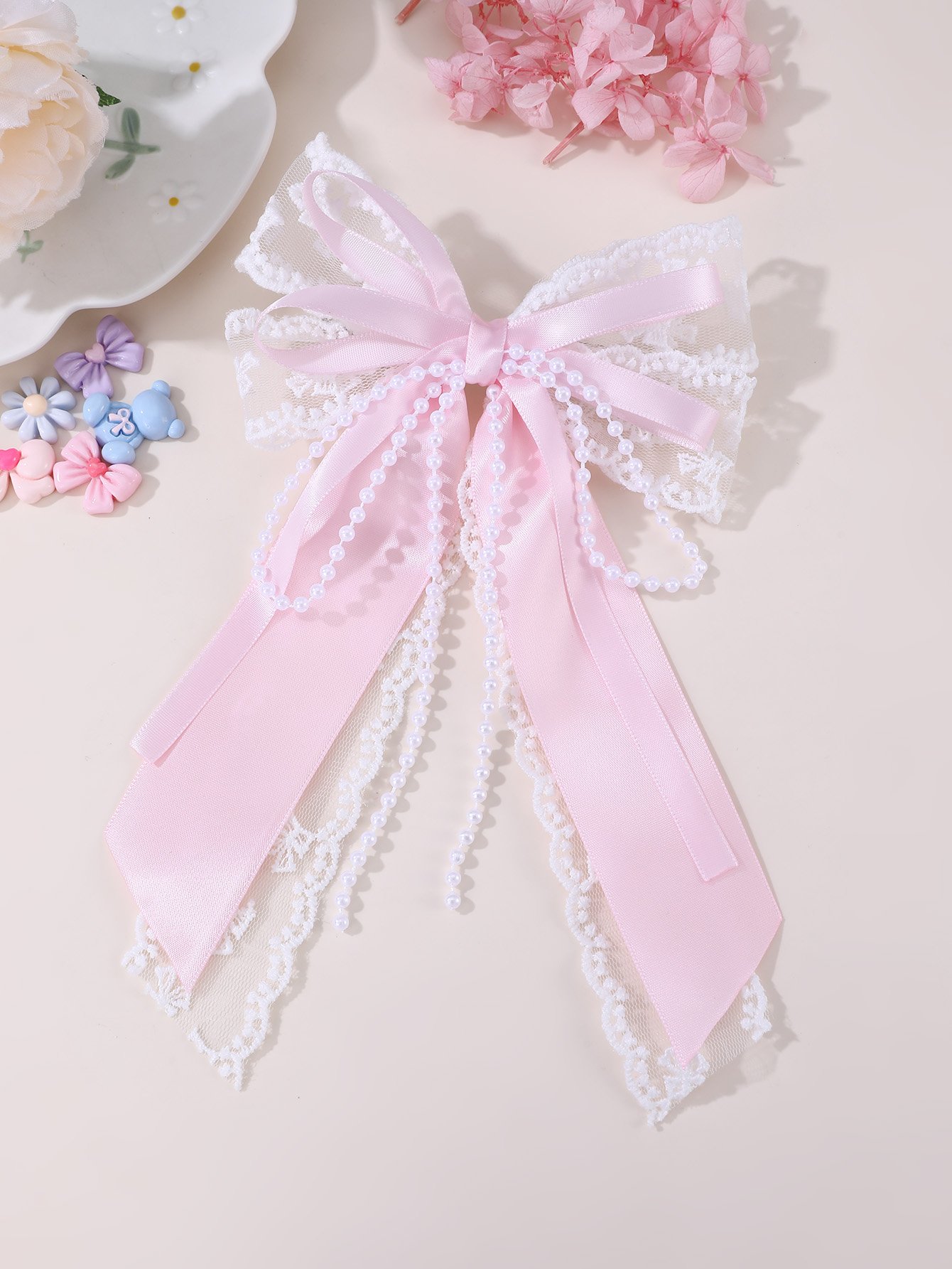 Girls Pink beads Embellished Bow Hair Clip