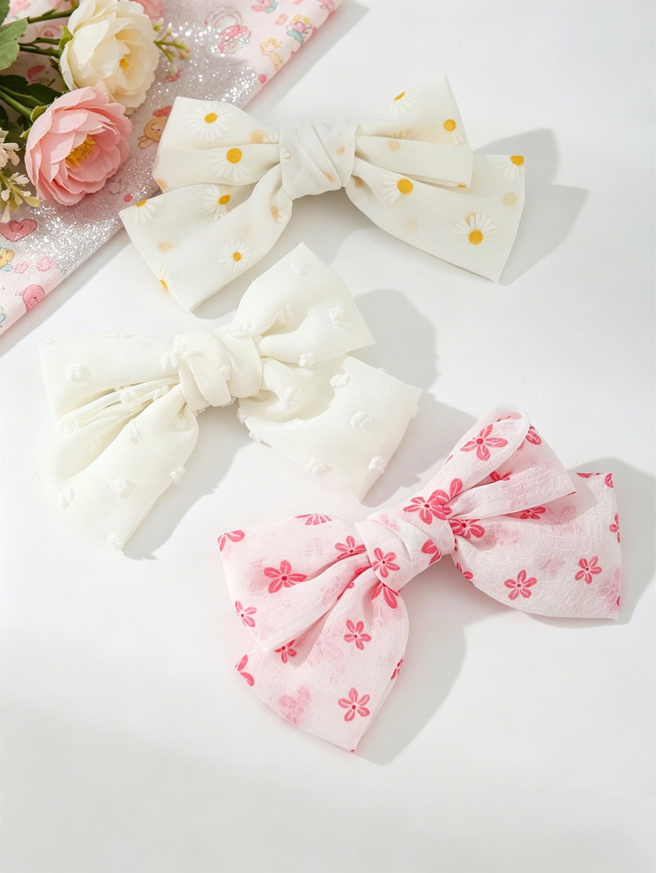 Set of 3 - Floral Bow Hair Clips