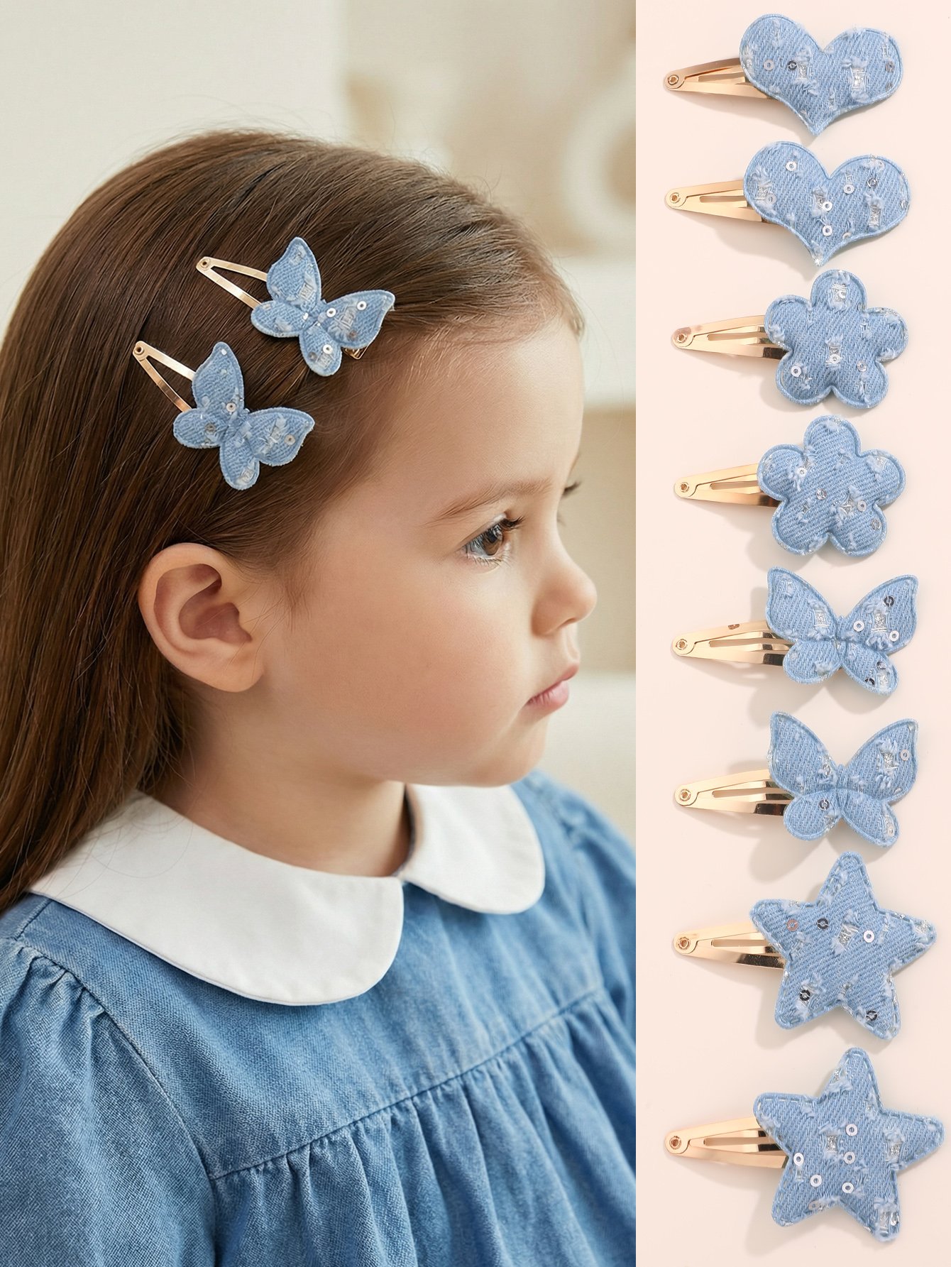 Pack of 8 - Girls Blue Denim Sequin Hair Accessories