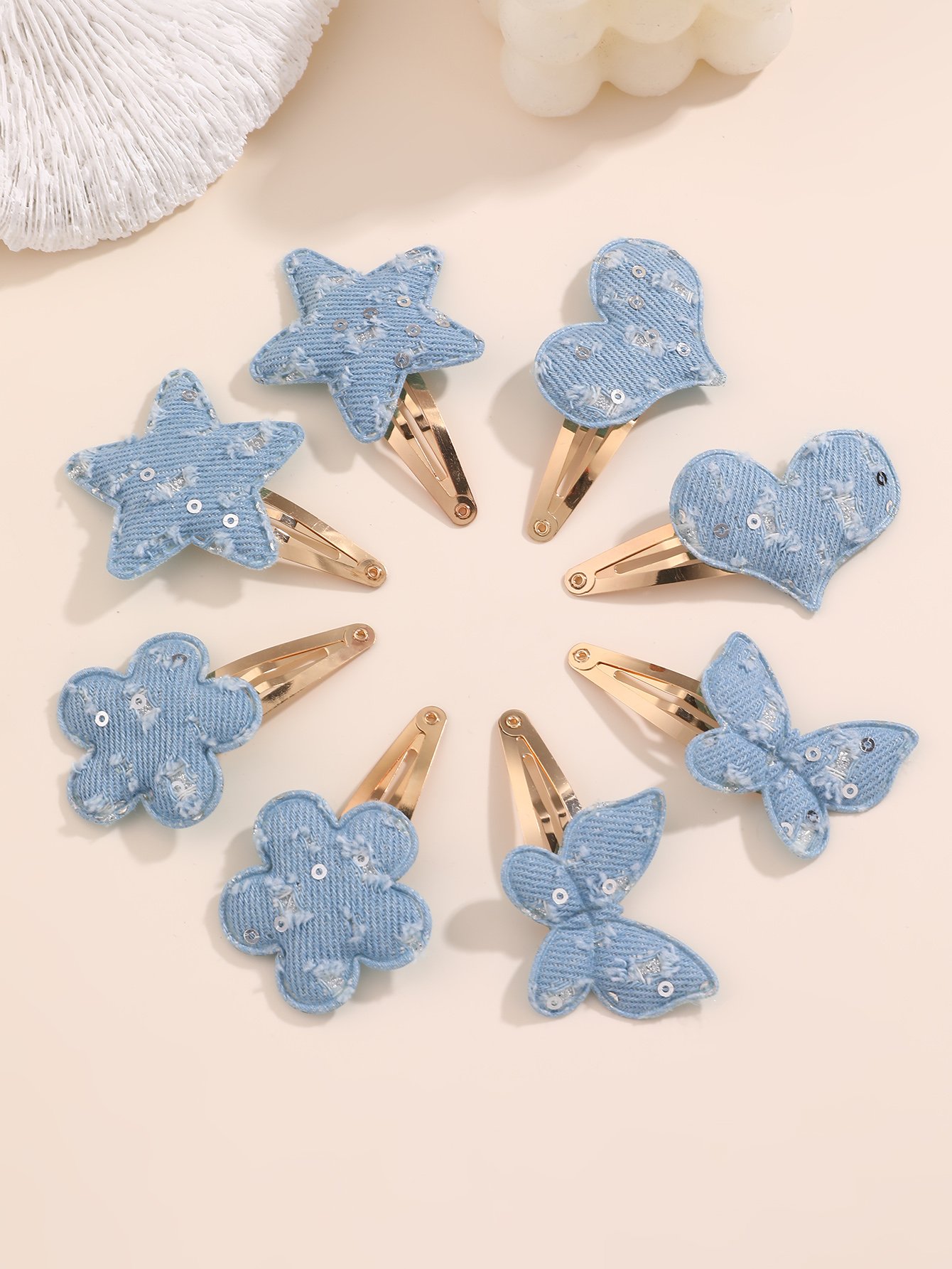 Pack of 8 - Girls Blue Denim Sequin Hair Accessories