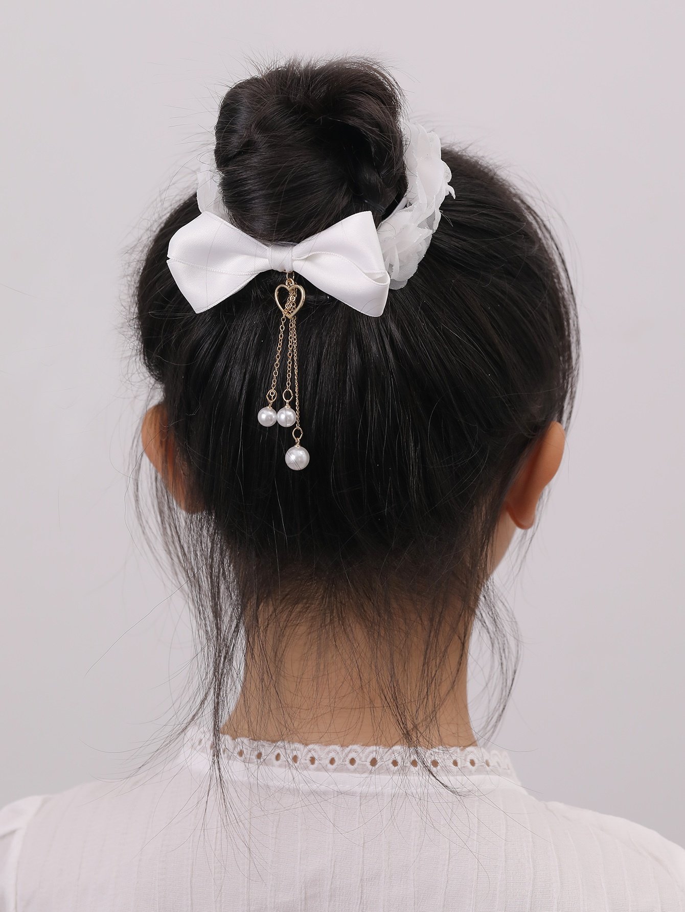 Girls White pearl Drop Bow Hair Tie