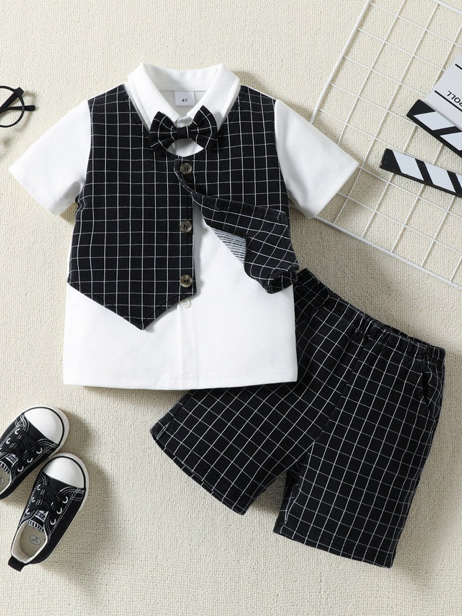 Boys Plaid Vest and Shorts Set with Bowtie