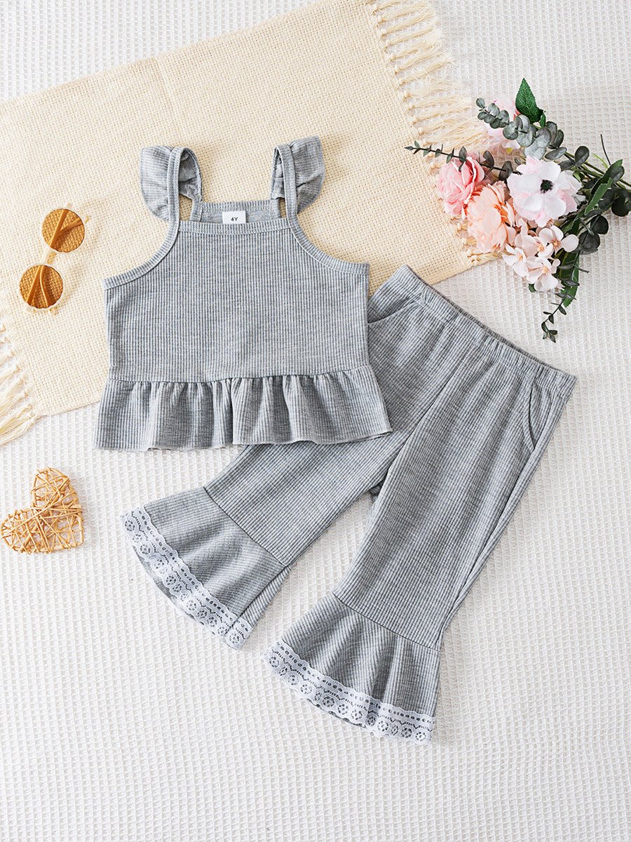 Girls Ribbed Ruffle Cami Top and Flare Pants Set