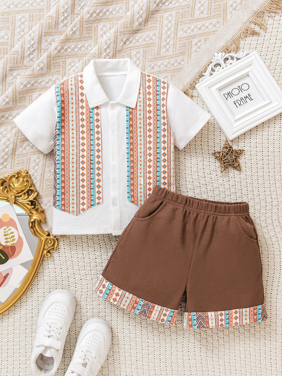 Boys Aztec Print Polo Shirt and Ribbed Shorts Set
