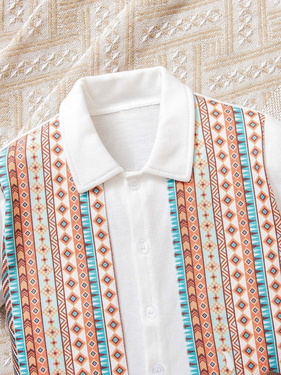 Boys Aztec Print Polo Shirt and Ribbed Shorts Set