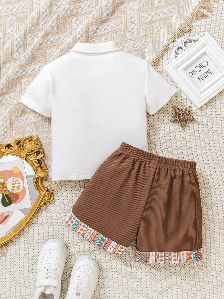 Boys Aztec Print Polo Shirt and Ribbed Shorts Set