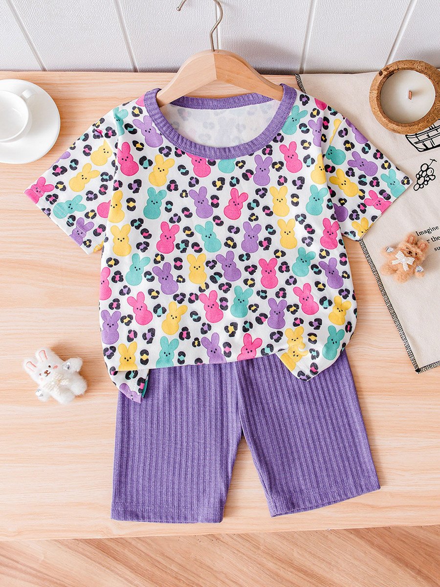 Girls Peeps Bunny and Leopard Print T-Shirt and Ribbed Purple Shorts Set
