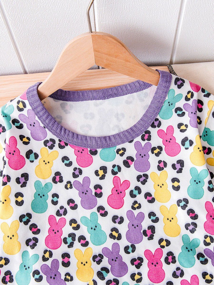 Girls Peeps Bunny and Leopard Print T-Shirt and Ribbed Purple Shorts Set