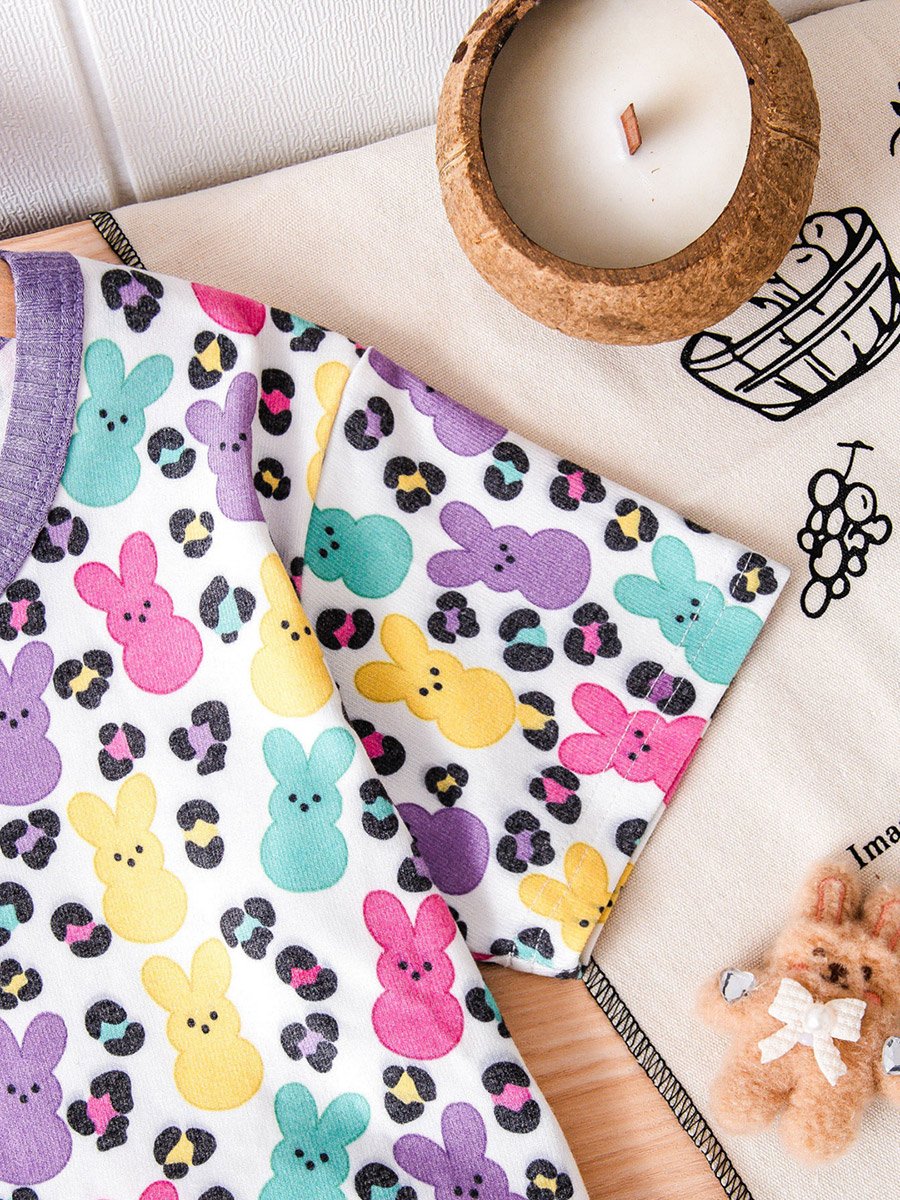 Girls Peeps Bunny and Leopard Print T-Shirt and Ribbed Purple Shorts Set