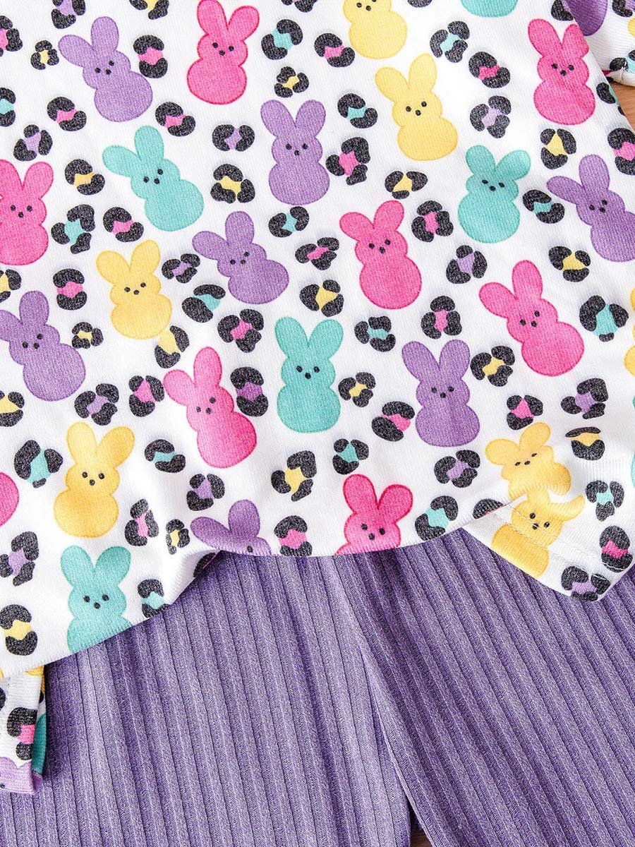 Girls Peeps Bunny and Leopard Print T-Shirt and Ribbed Purple Shorts Set