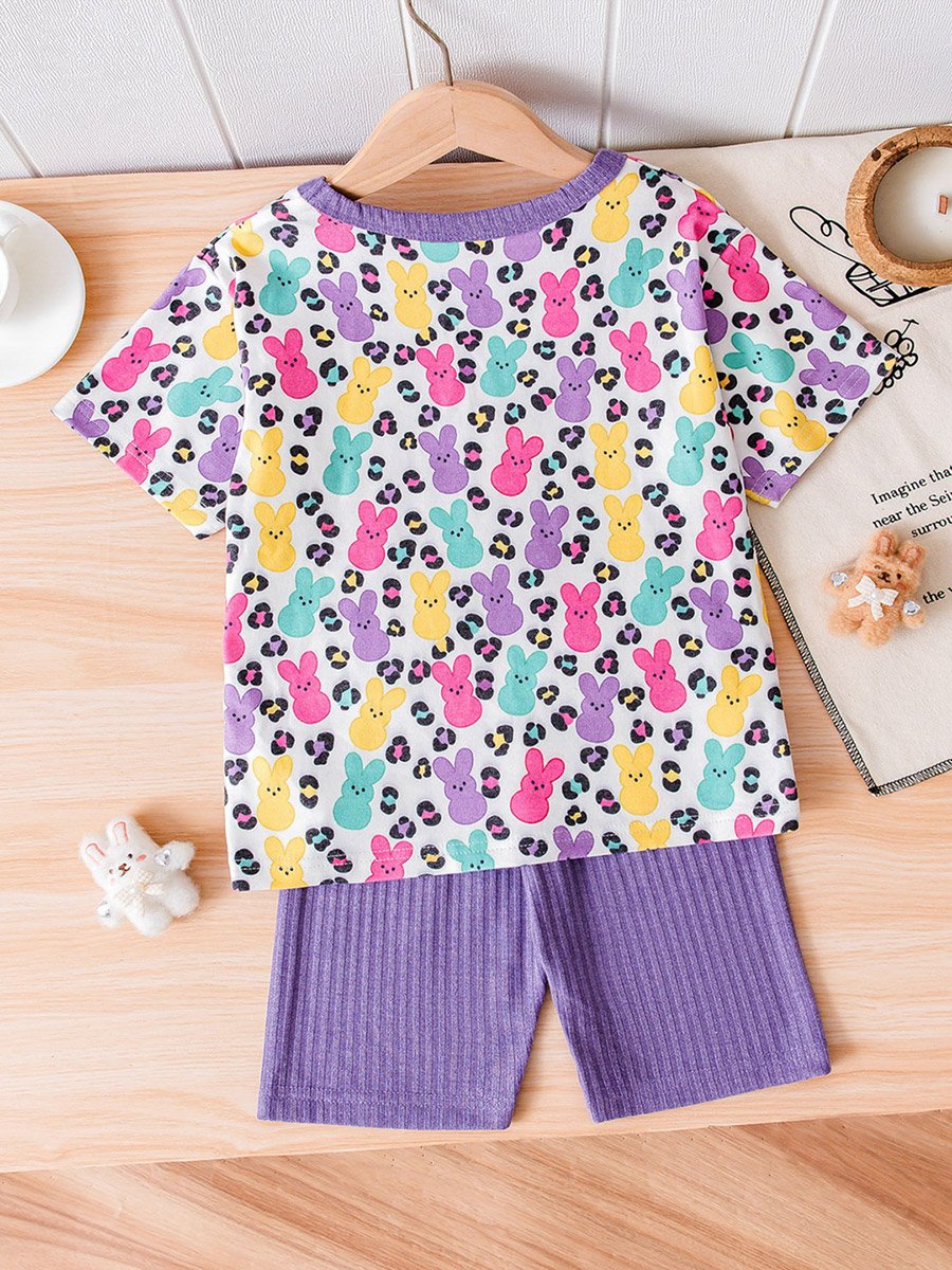Girls Peeps Bunny and Leopard Print T-Shirt and Ribbed Purple Shorts Set