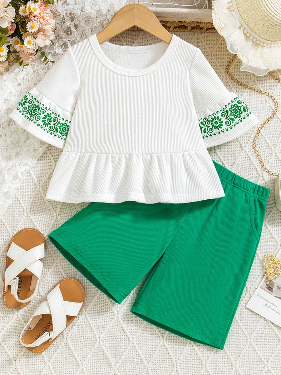 Girls Green Floral Print Rib-Knit Top and Shorts Set