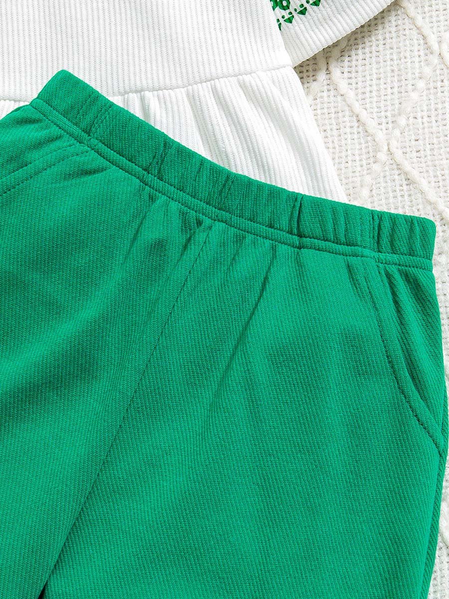 Girls Green Floral Print Rib-Knit Top and Shorts Set