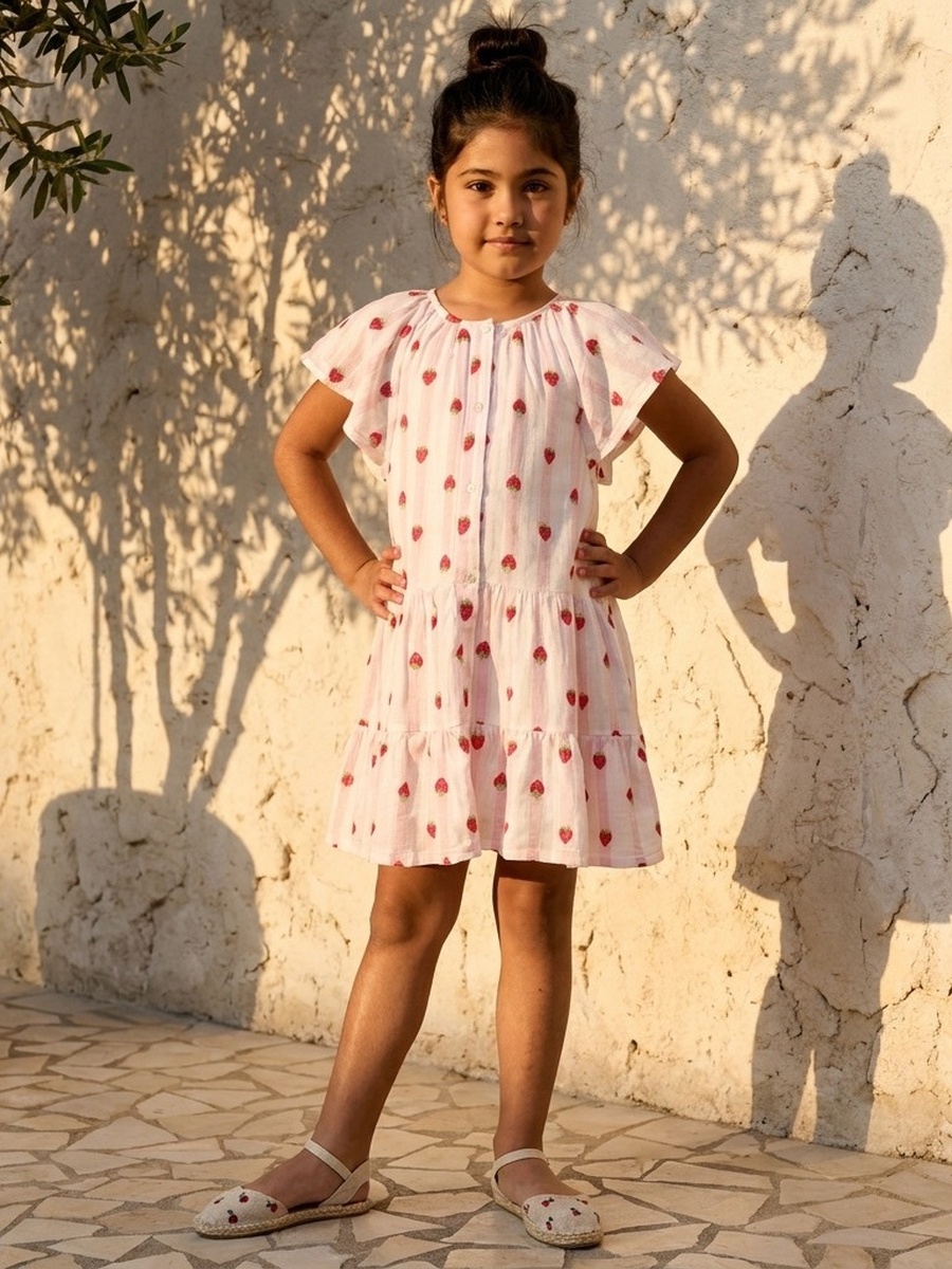 Strawberry Embroidered Drop Waist Tiered Dress