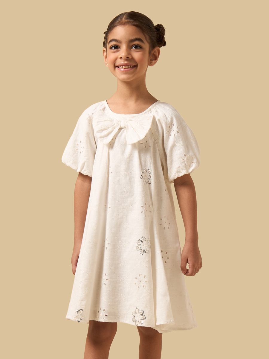 Schiffli Embellished Puff Sleeves Dress with Bow