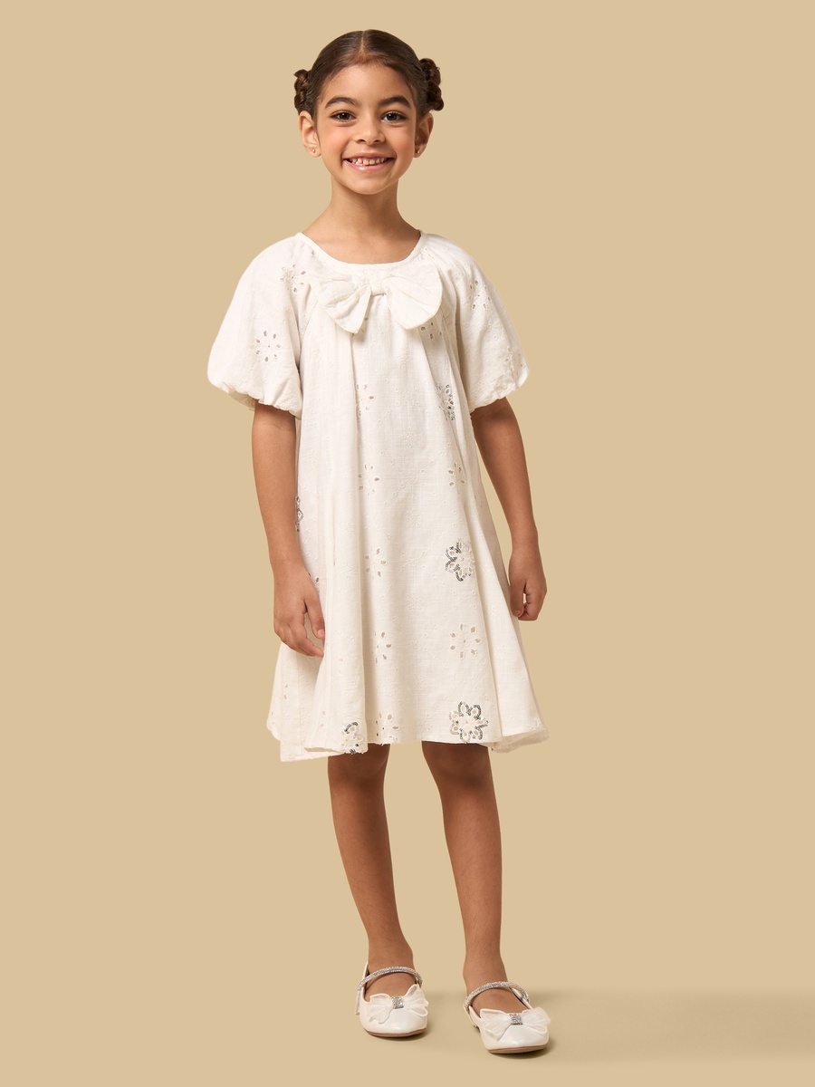 Schiffli Embellished Puff Sleeves Dress with Bow
