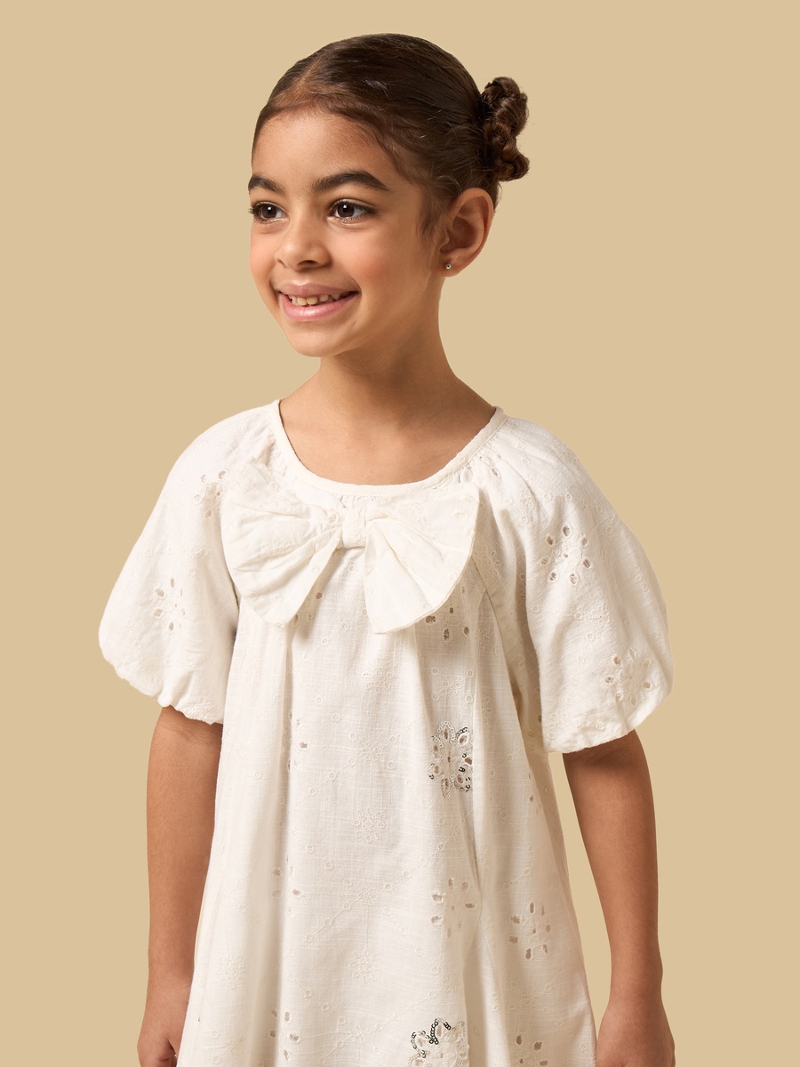 Schiffli Embellished Puff Sleeves Dress with Bow