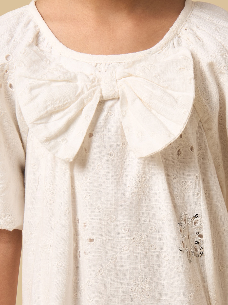Schiffli Embellished Puff Sleeves Dress with Bow