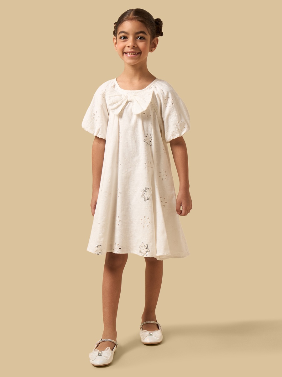 Schiffli Embellished Puff Sleeves Dress with Bow
