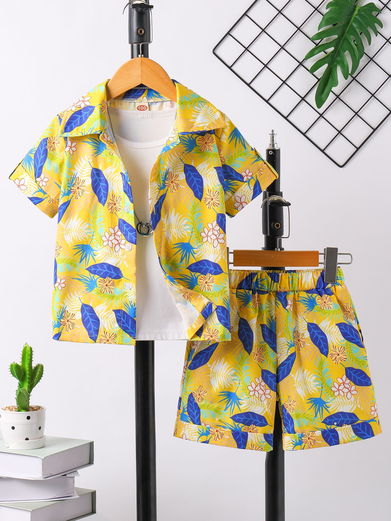 Boys Tropical Print Collared Shirt and Shorts Set