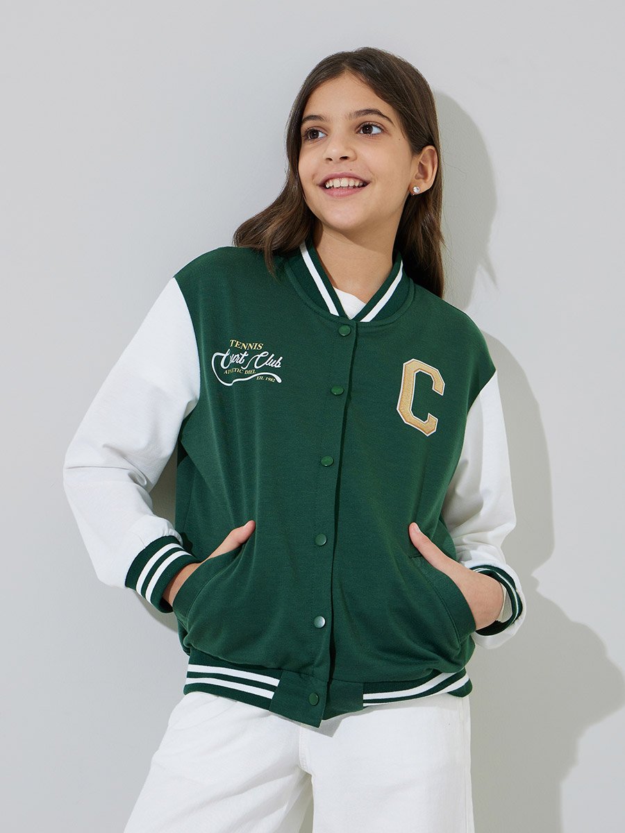Teen Girls Green Embroidered Color Block Sleeves Bomber Jacket