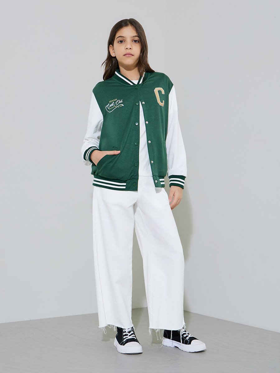 Teen Girls Green Embroidered Color Block Sleeves Bomber Jacket