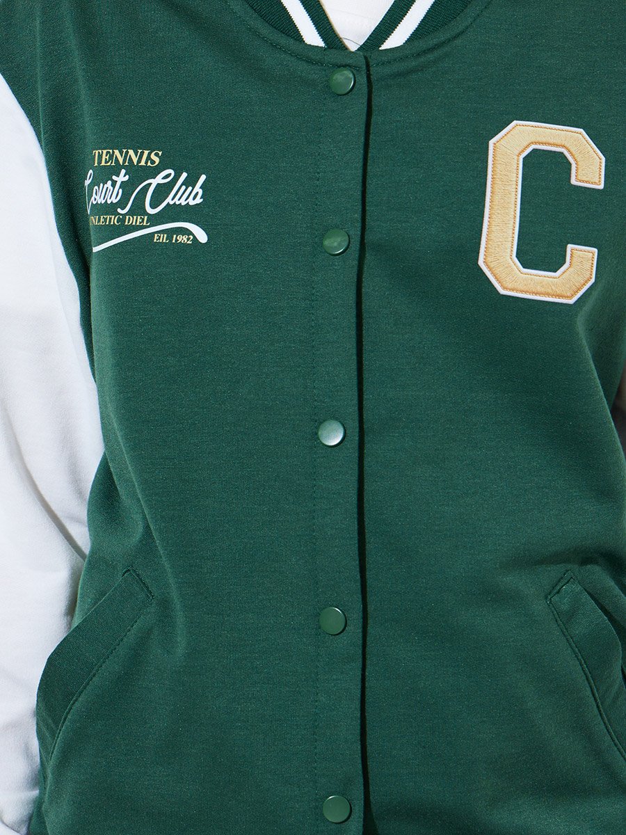 Teen Girls Green Embroidered Color Block Sleeves Bomber Jacket