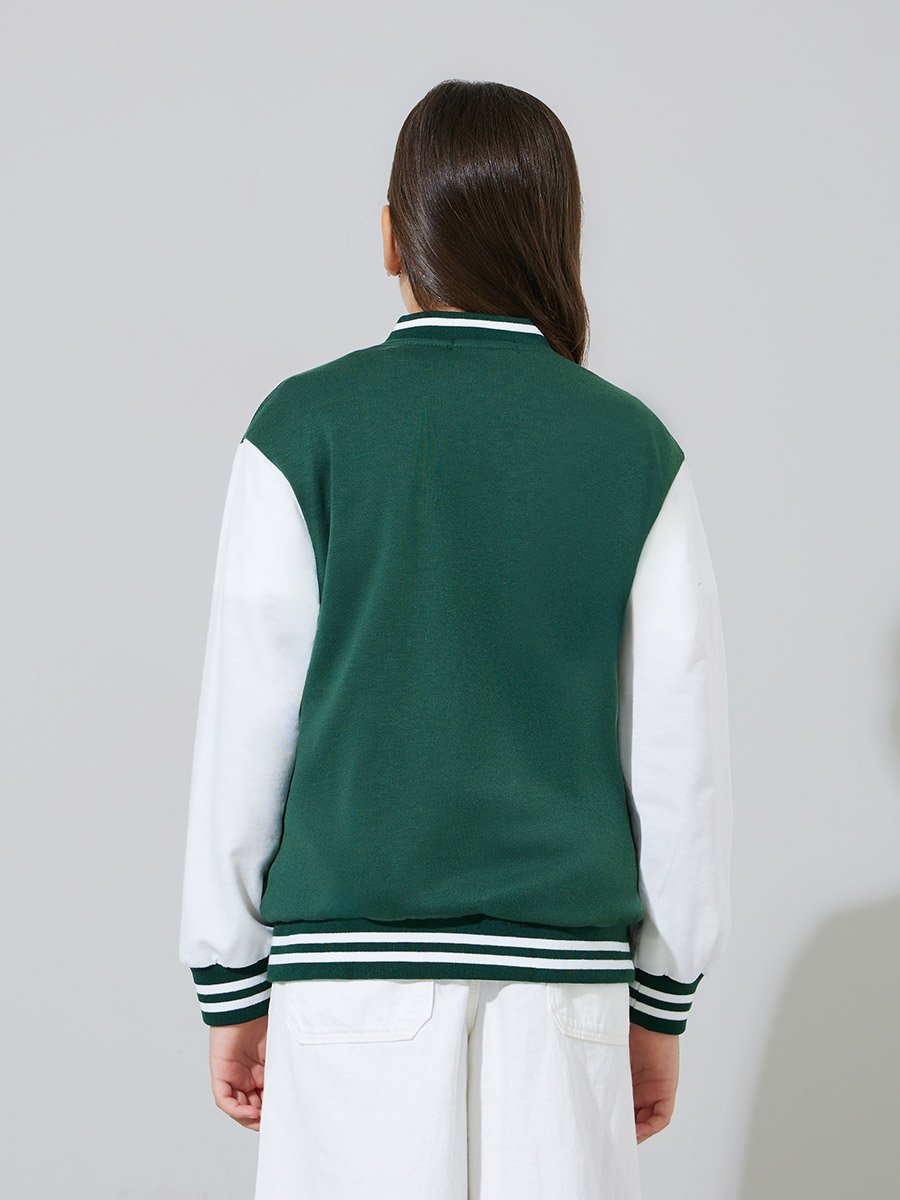Teen Girls Green Embroidered Color Block Sleeves Bomber Jacket