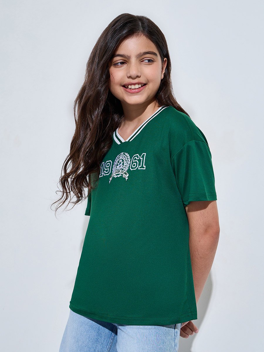 Teen Girls Oversized Drop Shoulder Embroidered T-Shirt