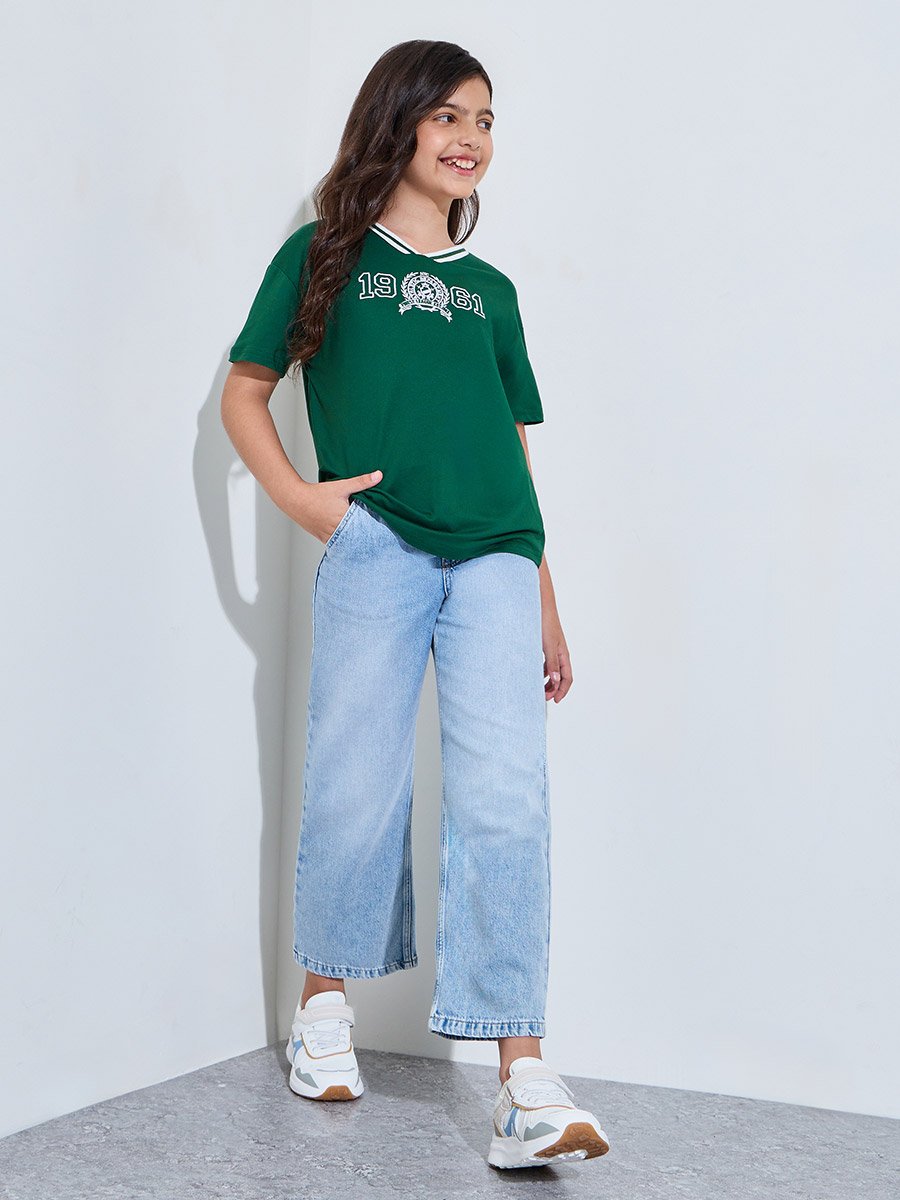 Teen Girls Oversized Drop Shoulder Embroidered T-Shirt