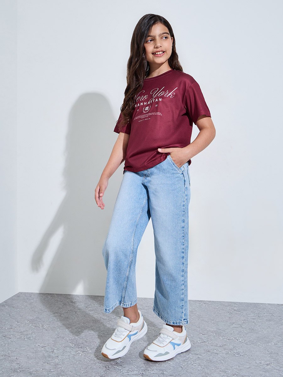 Teen Girls Oversized Burgundy Colorado Print T-Shirt